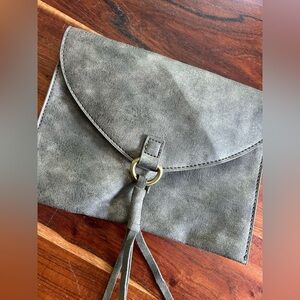Anthropologie Grey Olive Leather Envelope Flap Pouch Clutch Purse Bag Magnetic